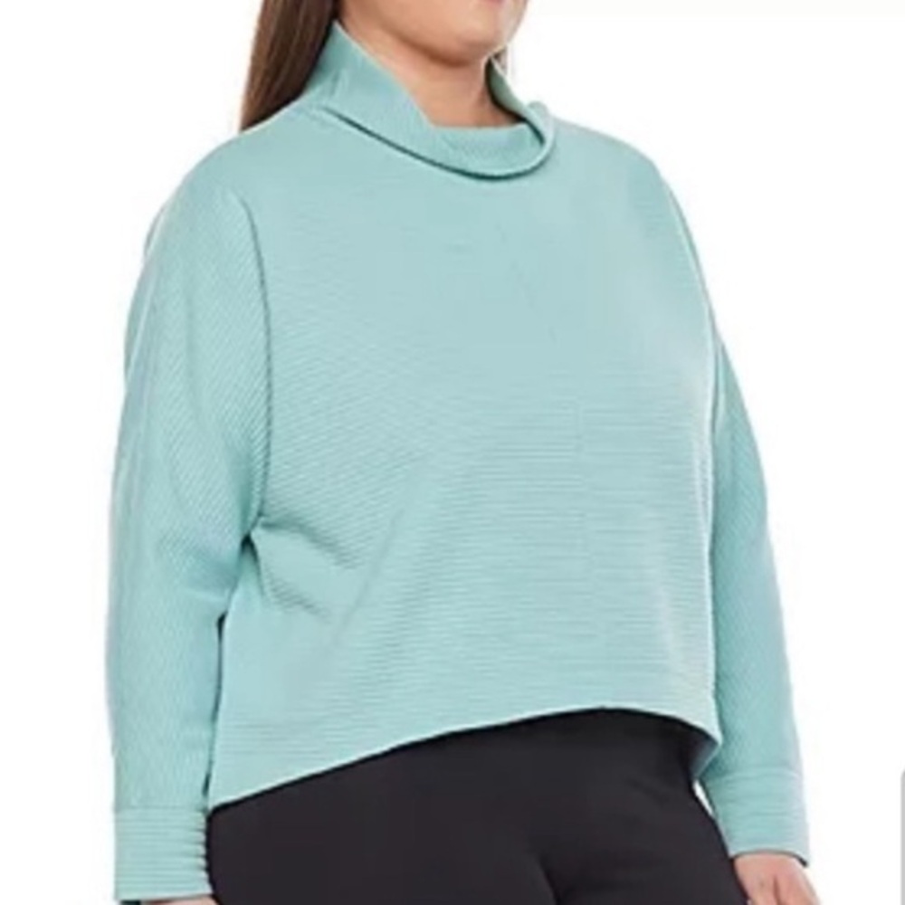 Stylus Women's Aqua Textured Cropped High Low Mock Neck Sweatshirt NWT XXL #1246